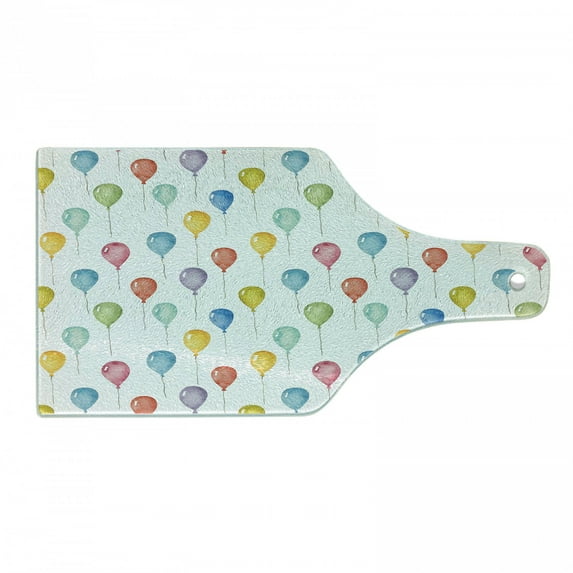 Colorful Cutting Board, Festival Entertainment Carnival Flying Balloons Watercolors Celebration Surprise, Tempered Glass Cutting and Serving Board, Wine Bottle Shape, Multicolor, by Ambesonne