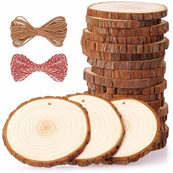 Natural Wood Slices 20 Pcs 3.5-4 Inches Craft Wood Kit Unfinished Predrilled with Hole Wooden Circles Tree Slices for Arts and Crafts Christmas Ornaments DIY Crafts