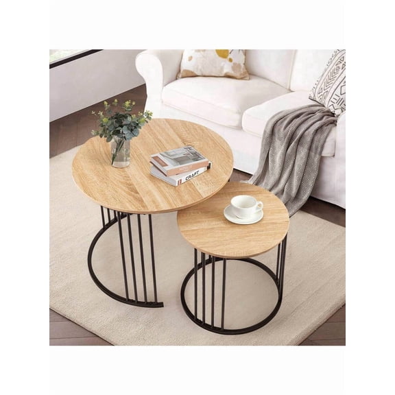 Wood Nesting Coffee Table Set Of 2, Round Wooden Top With Black Metal Legs For Living Room