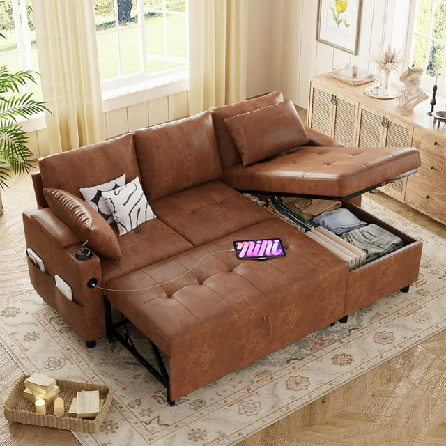 YODOLLA Canapé-Lit, canapé-lit 3 en 1 avec Fauteuil de Rangement, Canapé d'Angle en Similicuir, Canapé-Lit d'Angle Convertible de Style Moderne du Milieu du Siècle pour Salon, Canapé-Lit Confortable Brun