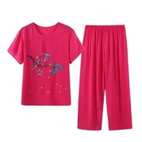 Lovskoo Cotton Linen Set for Women Summer Casual Solid Set Printed Short Sleeve Round Neck Top Pants Suit Thin Weared Outer Home Suit Hot Pink