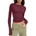 thumbnail image 4 of YDFCWXW 3 Pack Womens Long Sleeve Shirts Basic Tees Y2k Slim Fit T Shirt Crew Neck Trendy Casual Crop Top Wine, M, 4 of 7