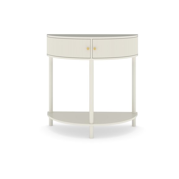 Artisan-Crafted Wave-Pattern Demi-Lune Console Table with Creamy White Finish,Unique Half Moon Design End Table with 2 Storage Drawers and Bottom Shelf for Living room, Bedroom, Study, Hallway