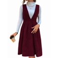thumbnail image 2 of Women V Neck Corduroy Overall Dress Fall Mini Pinafore Jumper Dress Red S, 2 of 9