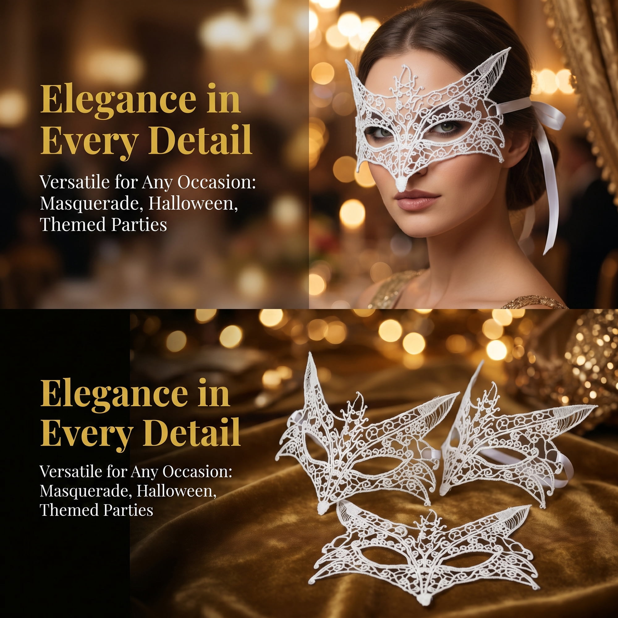 Unique Bargains 6-Pack Venetian Lace Eye Masks Set for Halloween Costume Party White Wolf Head 8.7" x 5.1"