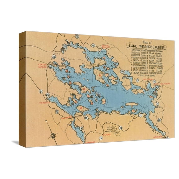 Art.com Map of Lake Winnipesaukee, New Hampshire Stretched Canvas Print Wall Art, 18" x 12"