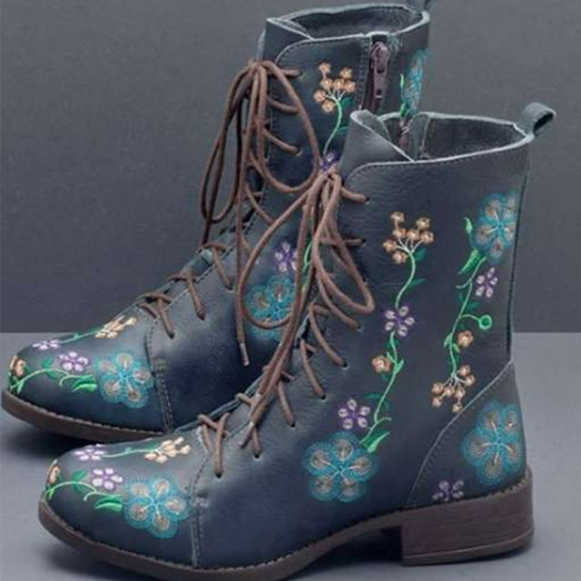 Cameland Women's Printed Embroidered Boots Over Feet Round Toe Chunky Ankle Boots