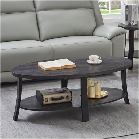 Charcoal Oval Wood Coffee Table with Lower Shelf Contemporary Oval Shape Sofa Table for Living Room