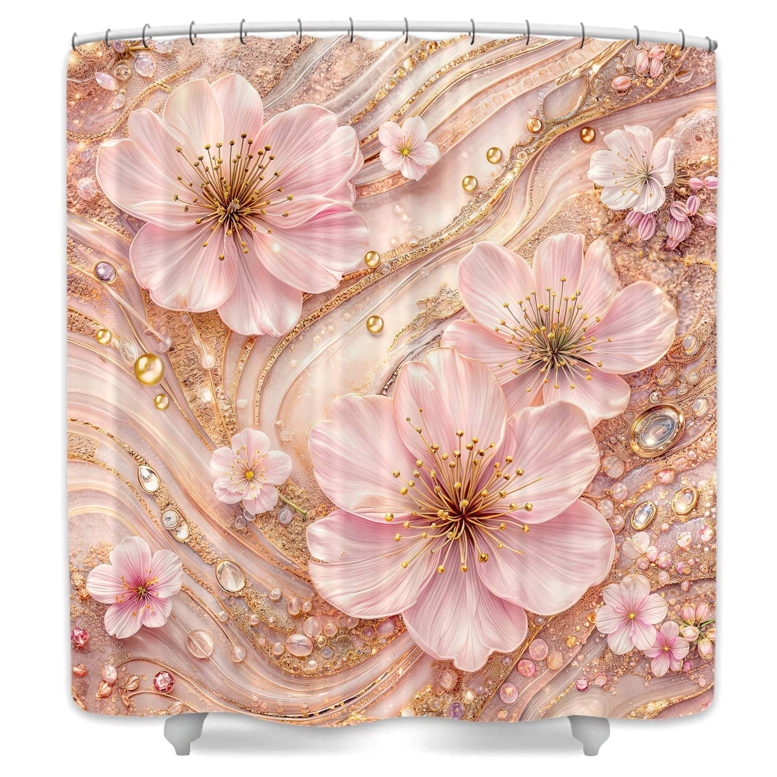Peach Luxury Marble Shower Curtain, Cherry Blossom Gold Glitter Floral Bathroom Decor, Modern Abstract Watercolor Bath Curtain, Waterproof Polyester Fabric with Hooks for Bathroom Decor,70X75in