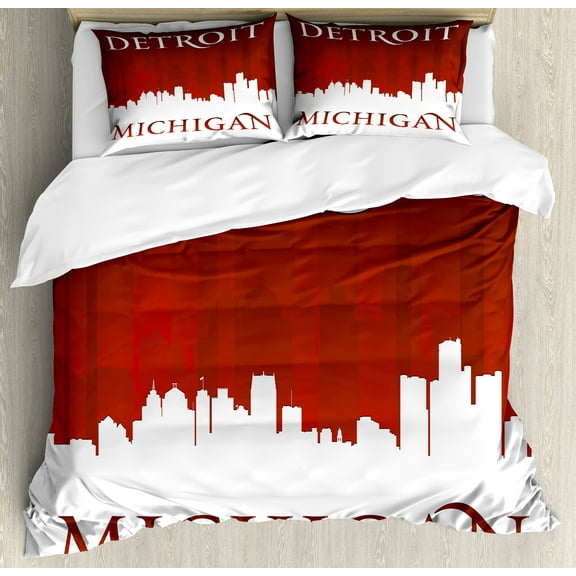 Detroit Duvet Cover Set, Michigan City Silhouette Composition Classical Typography American City, Decorative 3 Piece Bedding Set with 2 Pillow Shams, Calking Size, Red and White, by Ambesonne