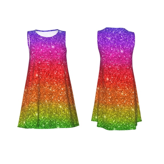 Horeoi Rainbow Glitter Print Women's Sleeveless Dress Cotton-like Flared Hem Deep Side Pockets Above-Knee