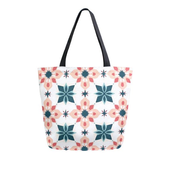 FORMRS Womens Canvas Tote Bag with Zipper Inner Pocket Shoulder Handbag, Flowers Geometric Pattern