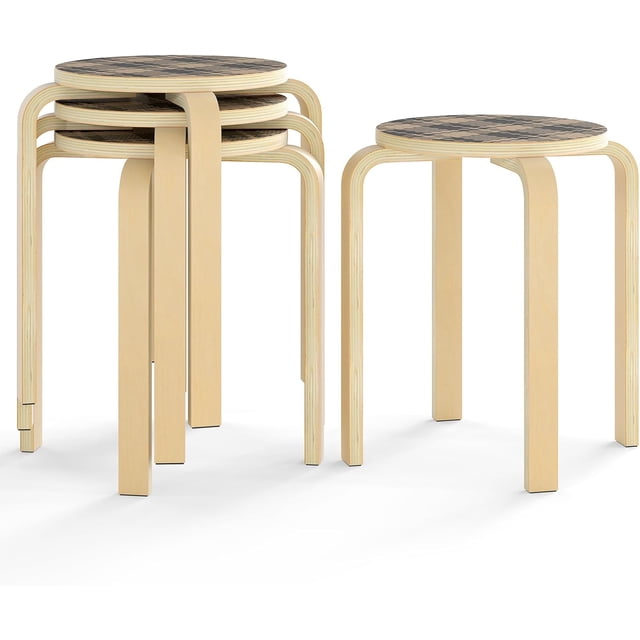Songqin Stackable Bentwood Stools Set of 4, 18-Inch Height Backless Counter Chairs with Round Top, Anti-Slip Felt Pad, Portable School Stool for Dining Room, Kitchen, Classroom (Birch+Black)
