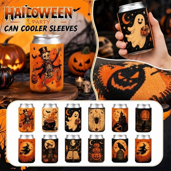 12 Pcs Halloween Can Cooler Sleeves Neoprene Tumbler Drink Covers | Insulated Cup Sleeve, Keeps Drink Cold, Halloween Party Supplies