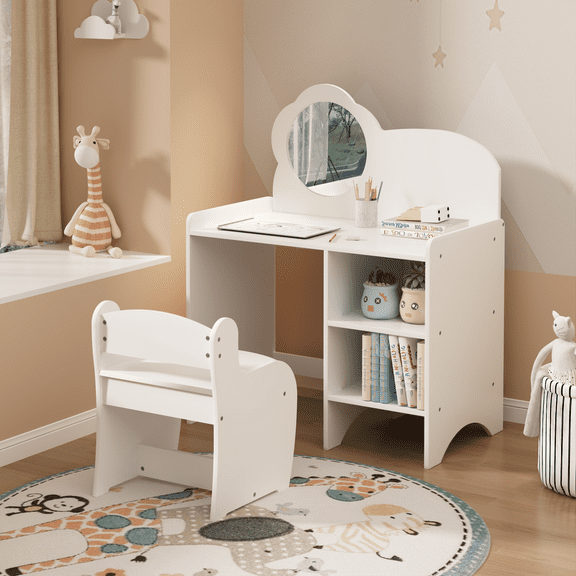 Kids Vanity Table with Mirror and Chair, Wooden Children’s Dressing & Makeup Desk with Storage Shelves, Study & Activity Table for Girls and Boys, Playroom & Bedroom Furniture, White