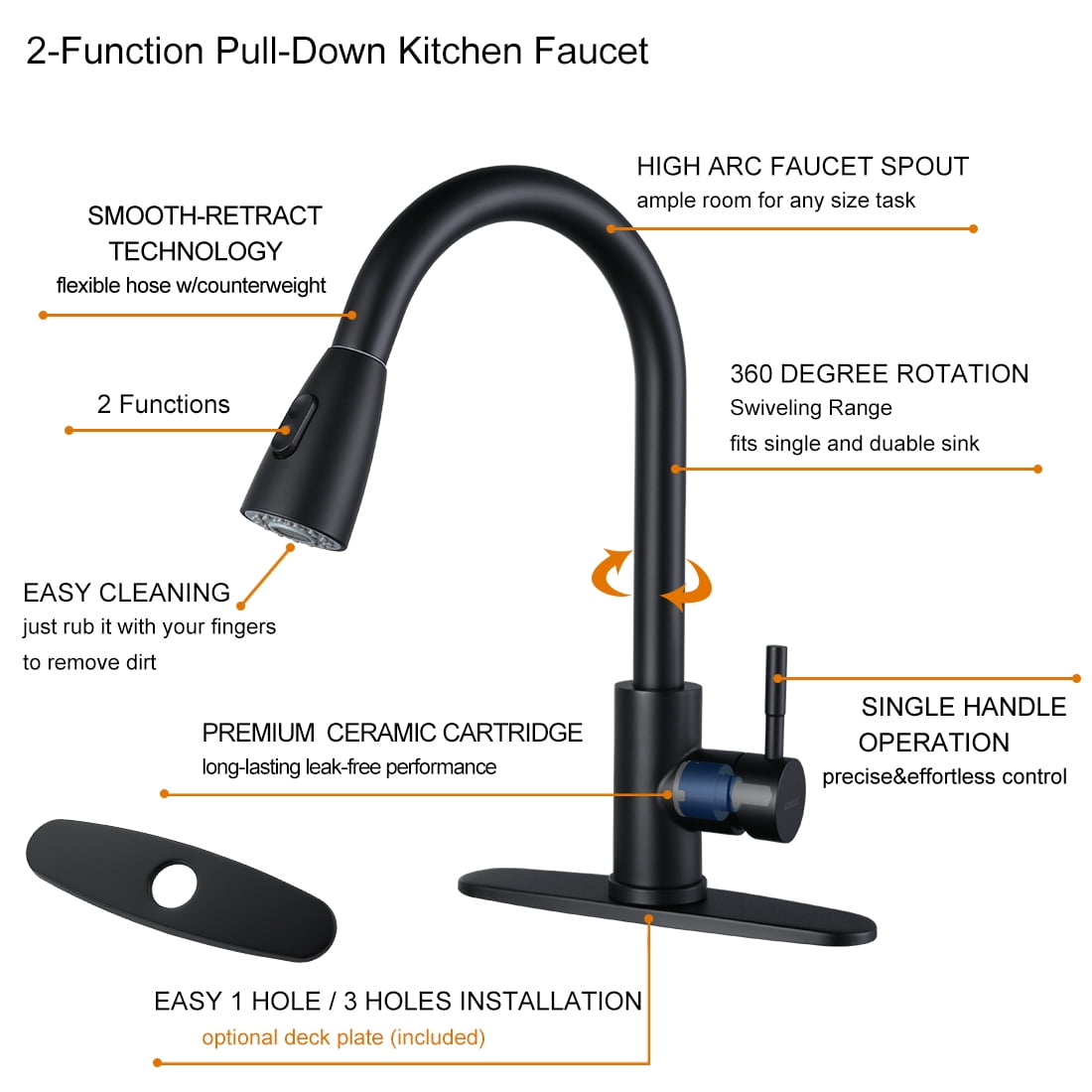 WOWOW Pull Down Kitchen Sink Faucet with Sprayer Stainless Steel Black 1 Handle Kitchen Faucets