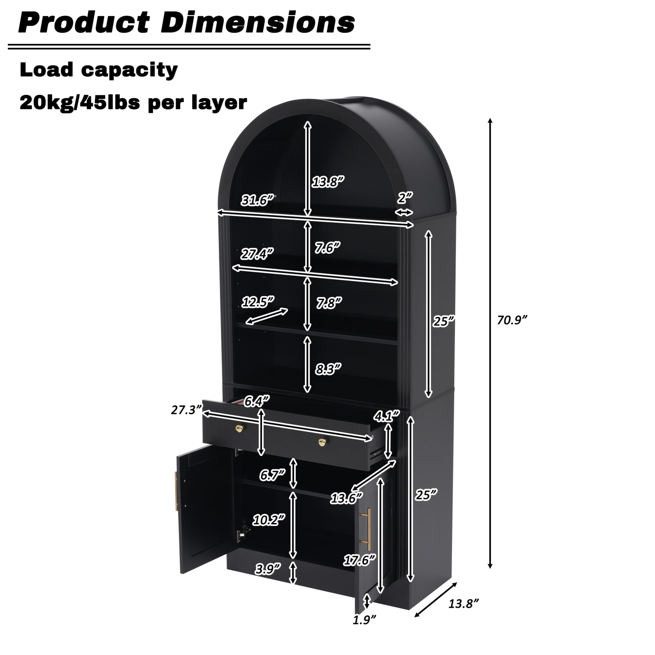 GDF Studio Corvel 70.9" Arched Bookshelf with Storage Cabinet & Adjustable Shelves, Kitchen Pantry Cabinet, Black