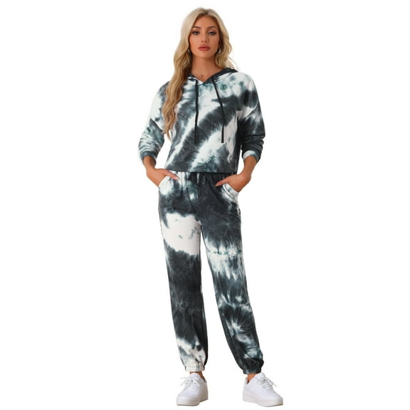 DARING DIVA Women's 2 Piece Tie Dye Hoodie Drawstring Sports Outfit S Black