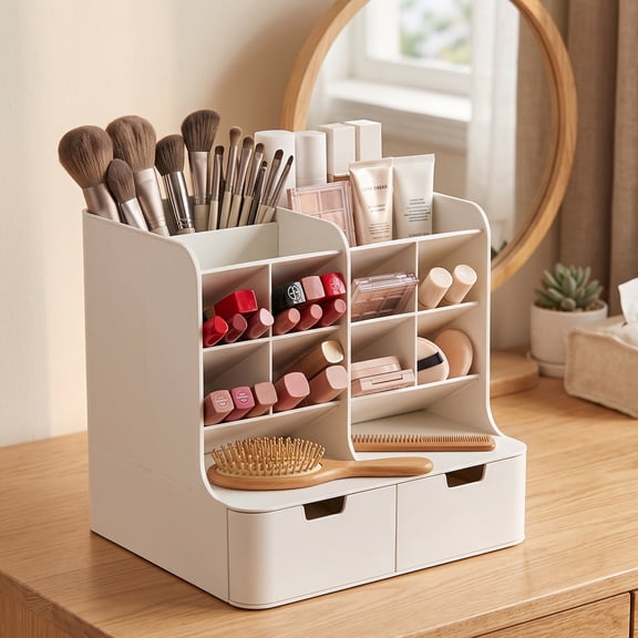 VUSIGN Makeup Organizer with 2 Drawers, White Cosmetic and Skincare Storage Organizer for Vanity, Bathroom Countertop and Bedroom