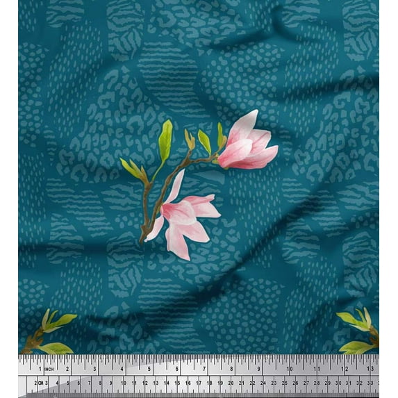 Soimoi Cotton Duck Fabric Animal Skin,Leaves & Pink Flower Printed Craft Fabric by the Yard 56 Inch Wide