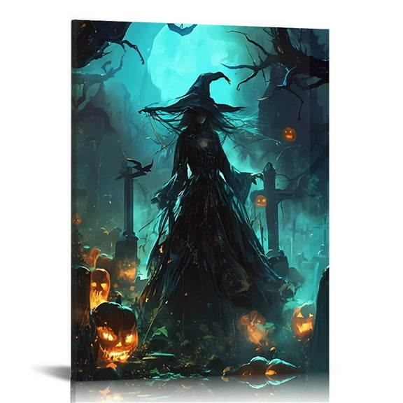 Vintage Halloween Witch Canvas Wall Art Painting，Gothic Print Pictures for Home Wall Decor Retro Horror Creepy Dark Posters for Living Room Bedroom Bar Home Halloween Party Decor Framed