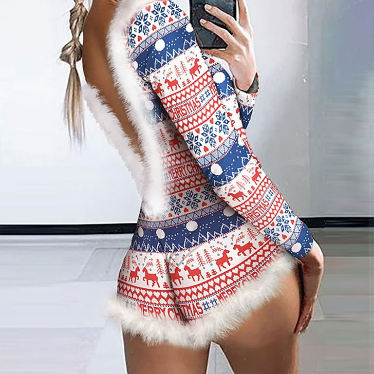 YWDJ Nightgowns for Women Plus Size Lingerie One Piece Button Up Christmas  Snowflake Print Feather Trim Button Front Onesie Home Wear Siamese Pajamas  for Valentines Day Anniversary Wedding Honeymoon 