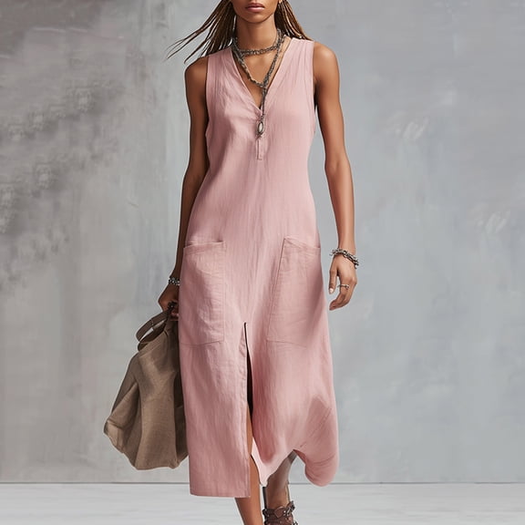 Roncen Women's Linen Midi Dress, V-Neck Sleeveless Button-Front Dress with Side Pockets & Slit, Casual Boho Style