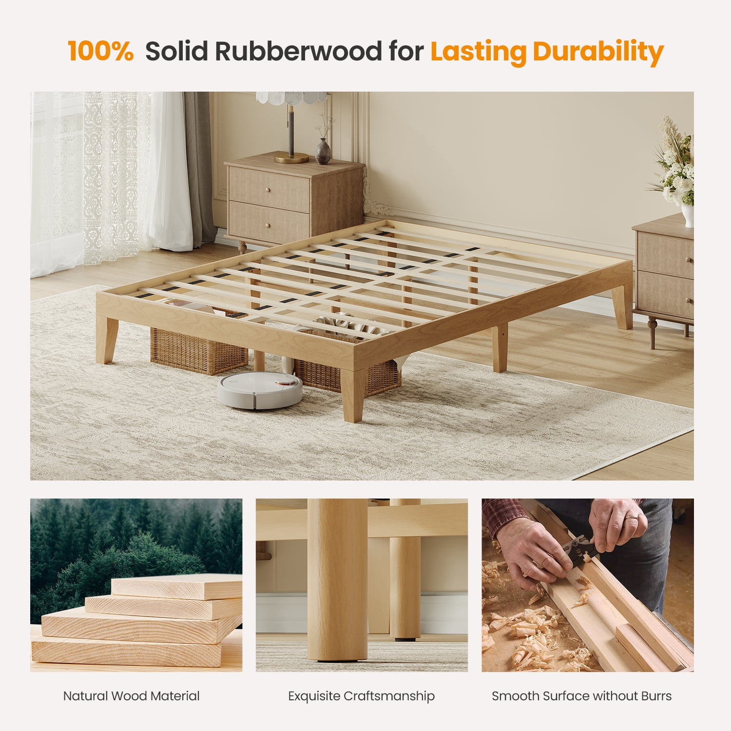 EOP Full Size Bed Frame, Solid Wood Bed Frame with Under Bed Storage, Platform Bed Frame with Wooden Slats, No Box Spring Required, Pine
