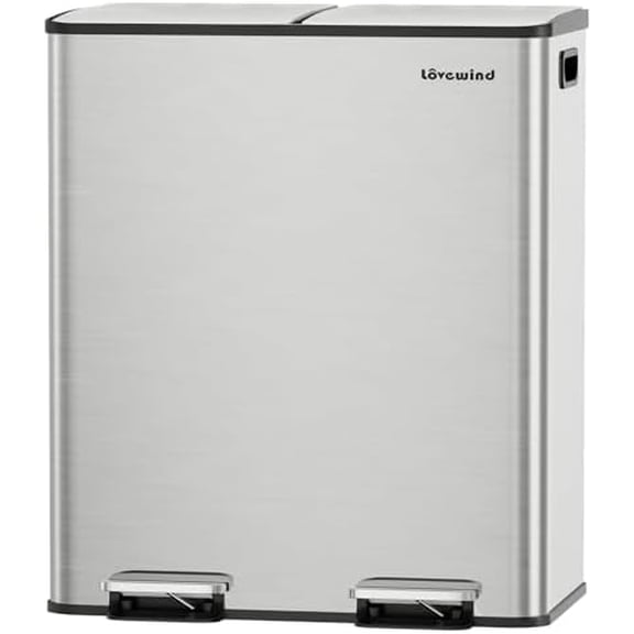 Kitchen Trash Can, 2 x 8 Gallon (2 x 30 L) Stainless Steel Trash and Recycle Bin Combo with Soft-Close Lid, Dual Compartment Recycling Kitchen Step Trash Bin, Silver