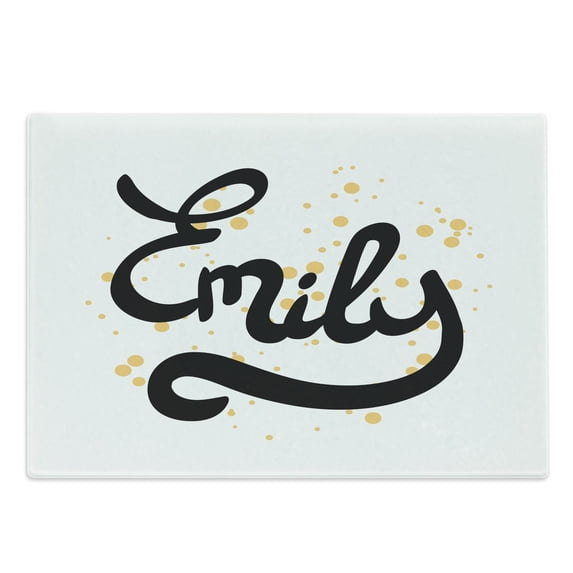 Emily Cutting Board, Hand Drawn Monochrome Cursive Font Modern Calligraphic Signature Design, Decorative Tempered Glass Cutting and Serving Board, Large Size, Mustard Black and White, by Ambesonne