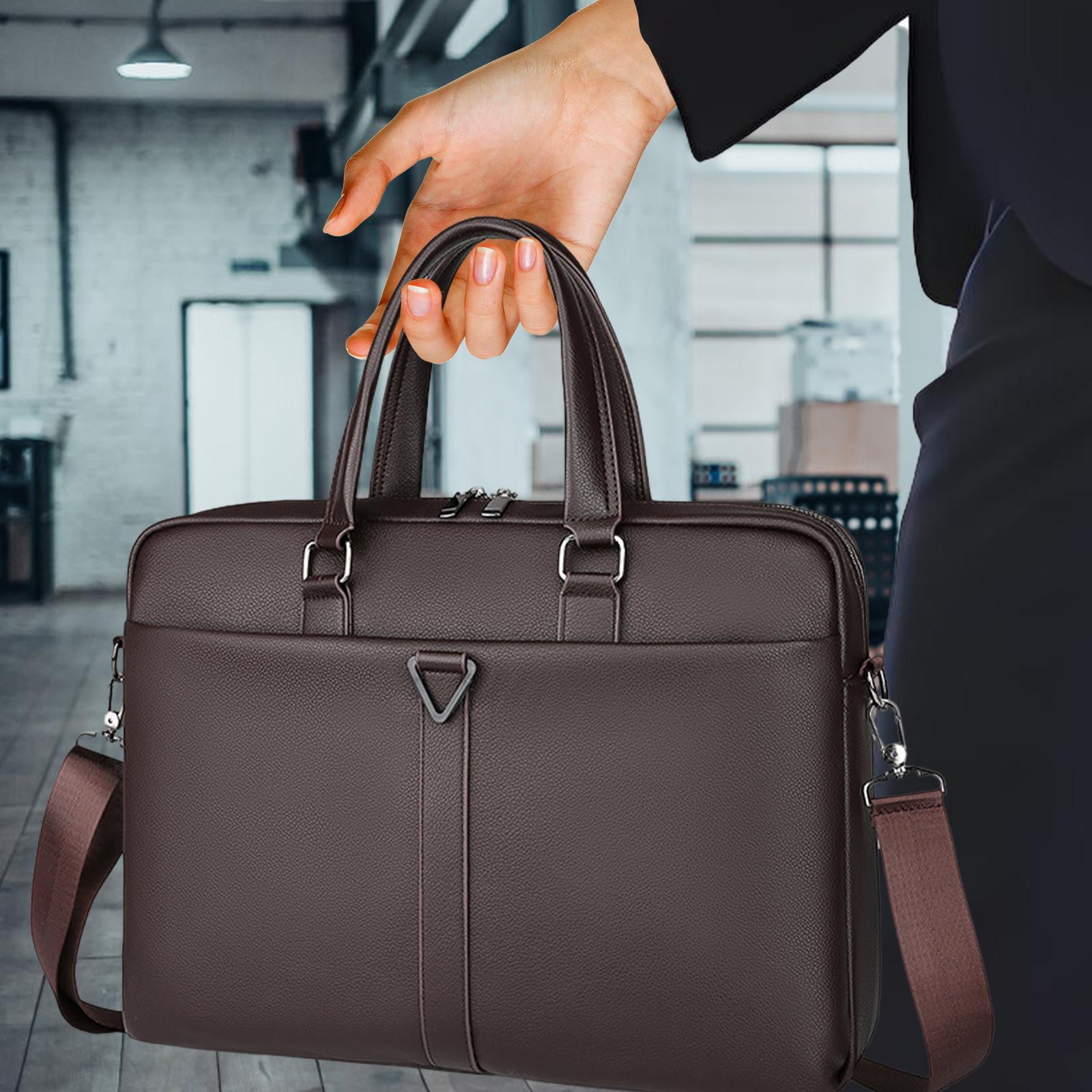 Wxqbjtam Mens Business Bag Briefcase with Shoulder Strap Large Capacity Handbag Crossbody PU Brown