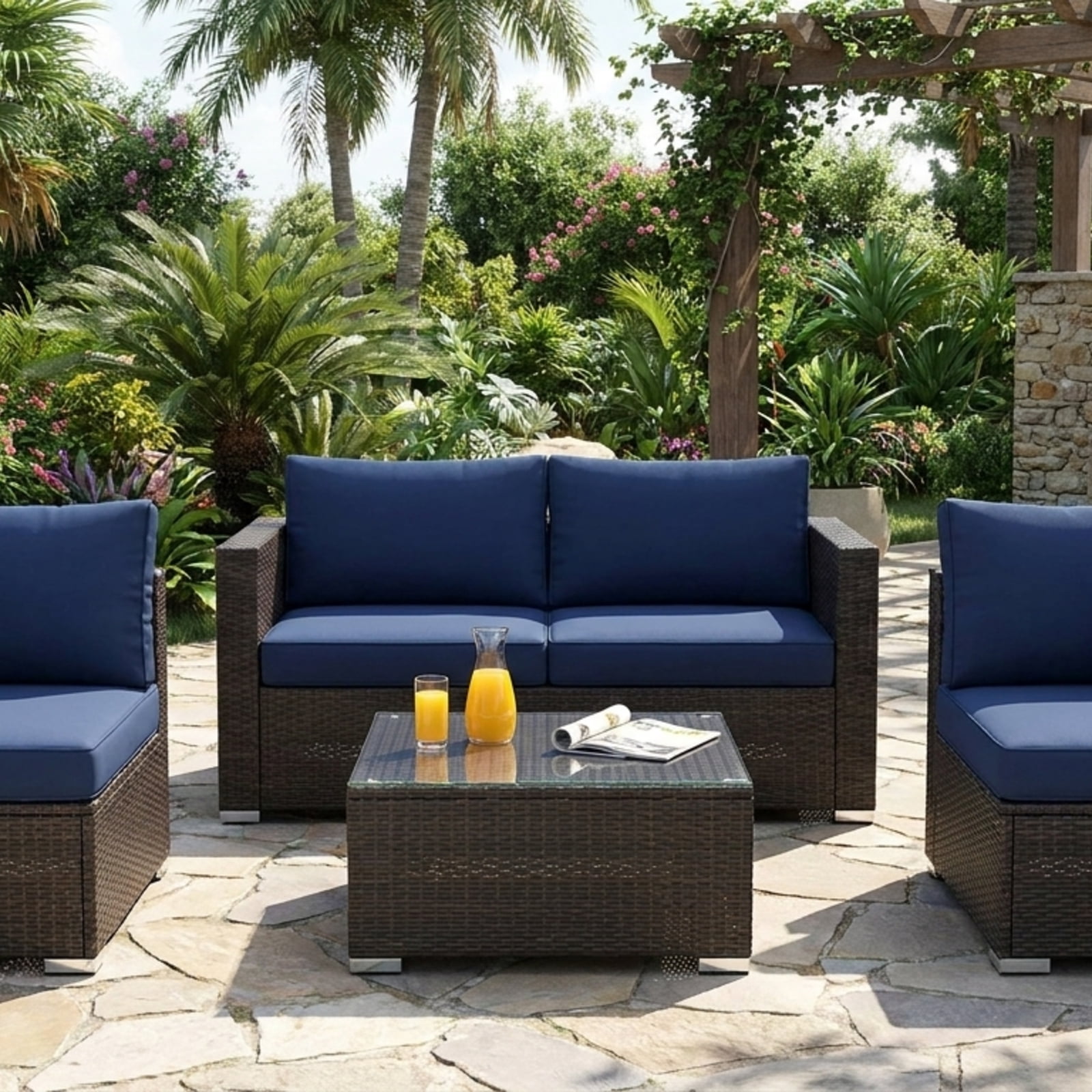 Biotree Patio Furniture Set 5 Piece Cushioned Rattan outdoor sectional with glass table outdoor conversation set for garden backyard porch, Navy