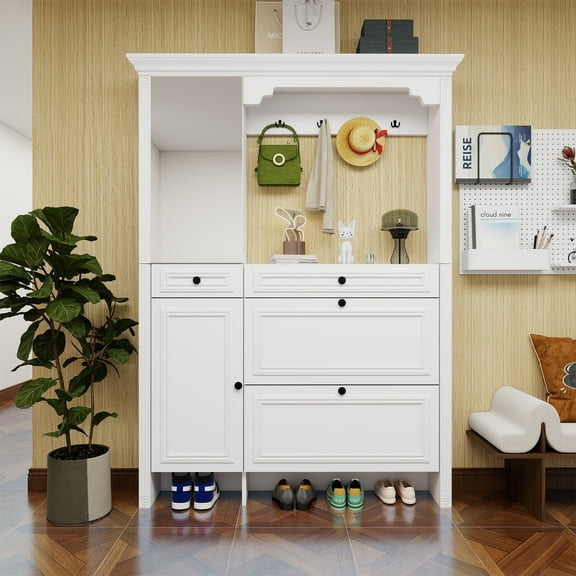 Entryway Bench with Coat Rack,4-in-1 Design Hall Tree with 2 Doors and 2 Drawers,Mirrored Cabinet Door,Shoe Cabinet Storage for Entryway,Living Room,White