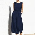 thumbnail image 2 of Linen Jumpsuits for Women Sleeveless/Short Sleeve Solid Crewnek Loose Wide Leg Palazzo Cropped Pants Lounge Romper with Pockets, 2 of 11