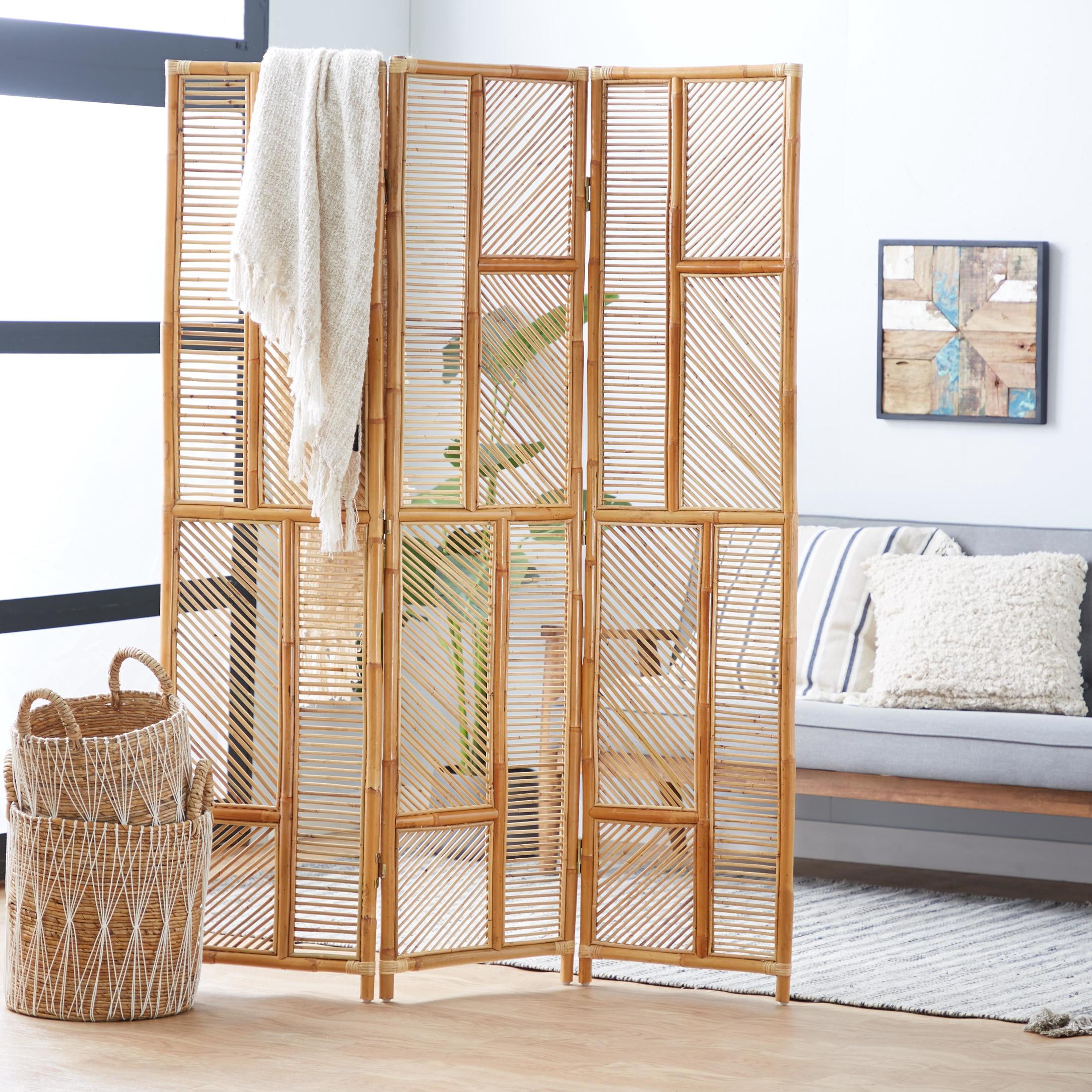 DecMode 52" x 71" Brown Wood Geometric Hinged Foldable Partition 3 Panel Room Divider Screen, 1-Piece