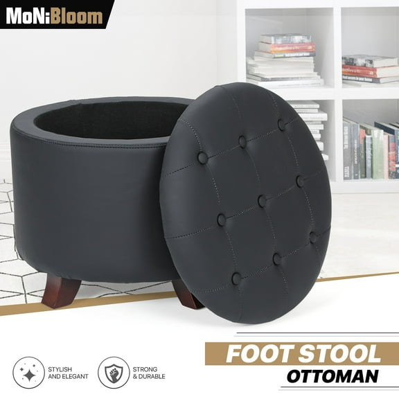 MoNiBloom Storage Ottoman with Padded Seat, Modern PU Leather Footrest, Round Seat Stool, Black