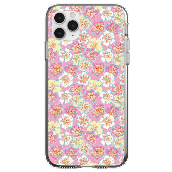 DistinctInk Clear Shockproof Hybrid Case for iPhone 12 Pro MAX (6.7" Screen) - TPU Bumper, Acrylic Back, Tempered Glass Screen Protector - Preppy Pattern - Yellow White Pink Flowers Floral