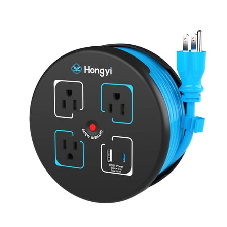 Hongyi 15ft Extension Cord Reel with USB C Ports, 3 Outlets,for Indoor, Garage&Workshop ETL Listed, Blue