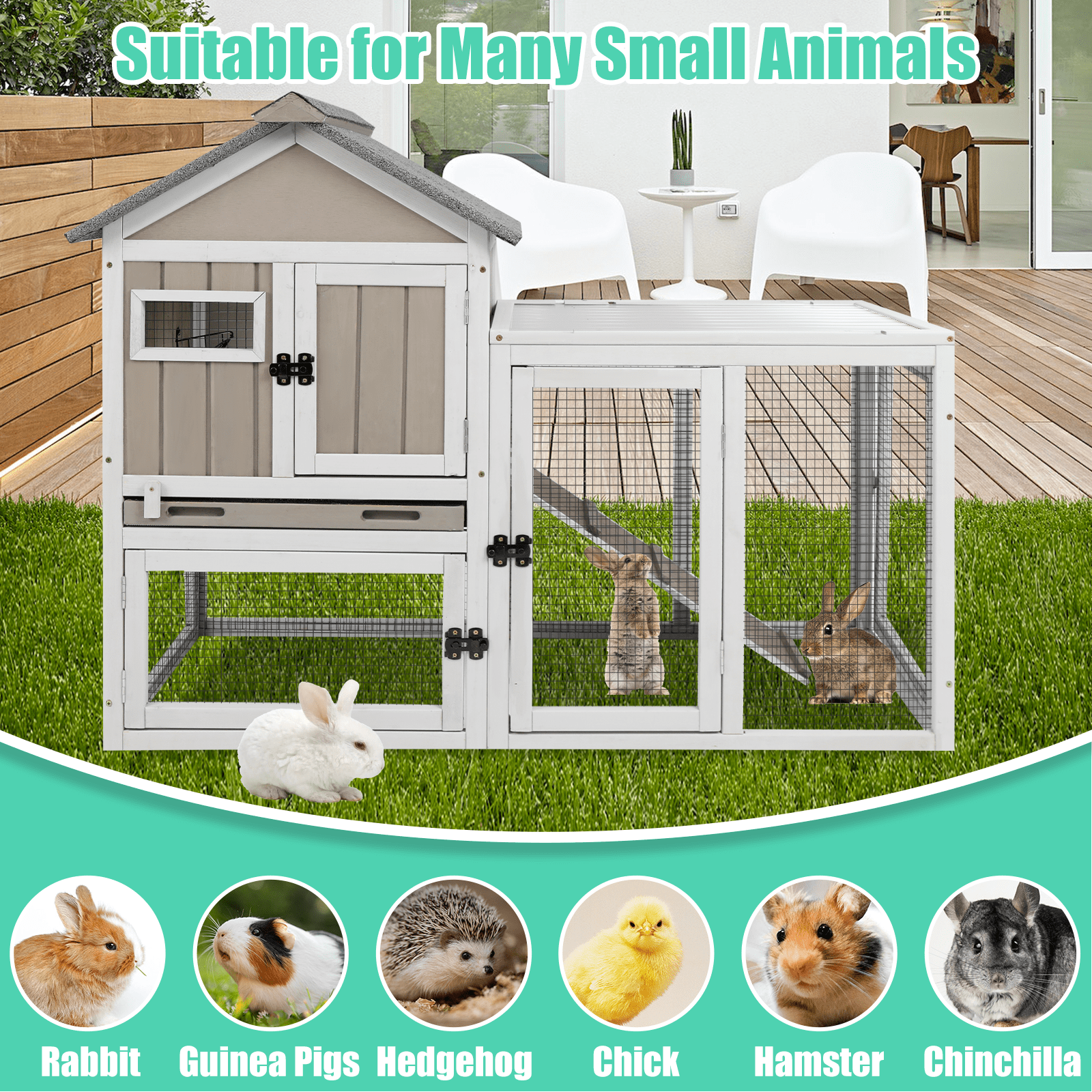 PETSCOSSET Indoor/Outdoor Rabbit Hutch, 2-Story Bunny Cage