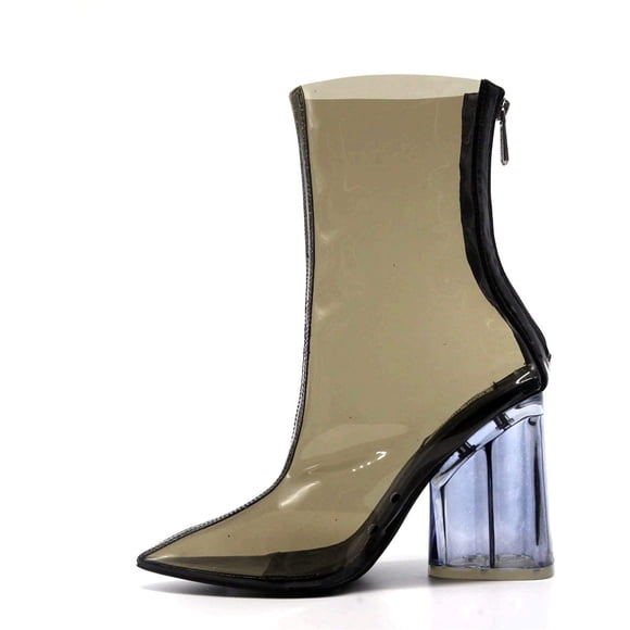 Cape Robbin Crystal Glaze Womens Perspex Lucite Clear Pointy Toe Chunky Heel Ankle Boots,Black,9