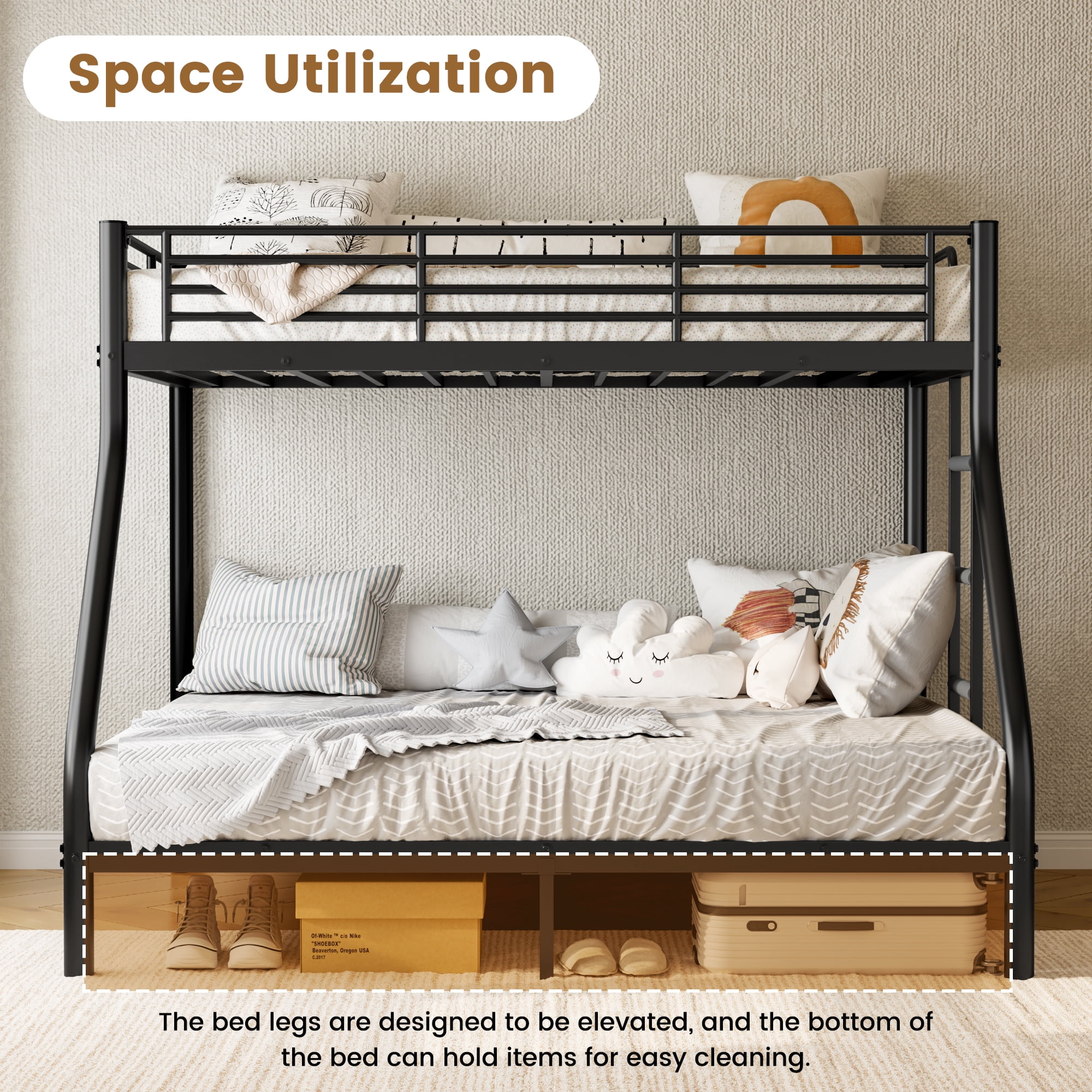 Space-Saving Black Twin Over Full Bunk Bed, Heavy-Duty Metal Bed Frame with Full-Length Rail and Ladder, Quiet Anti-Squeak Design for Kids Teens