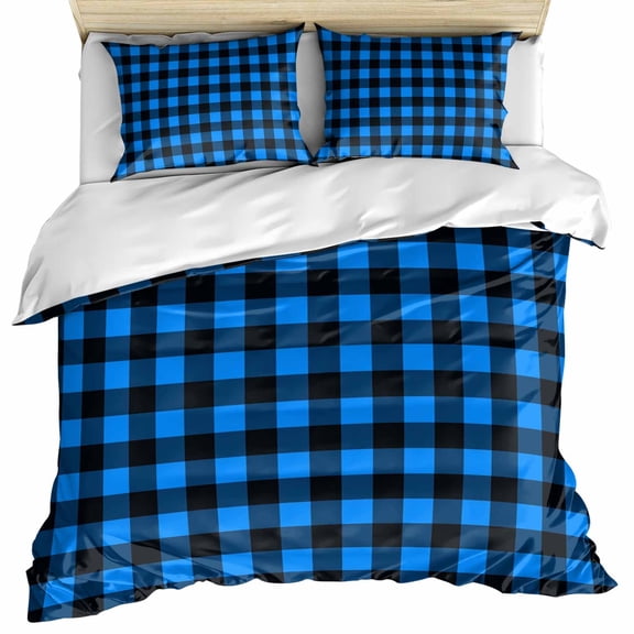 Black Blue Plaid Bedding 3 Piece Duvet Cover Set California King, Country Buffalo Checked Gingham Soft Microfiber Comforter Cover with Zipper Closure & Pillowcases, FadeResistant Quilt Cover