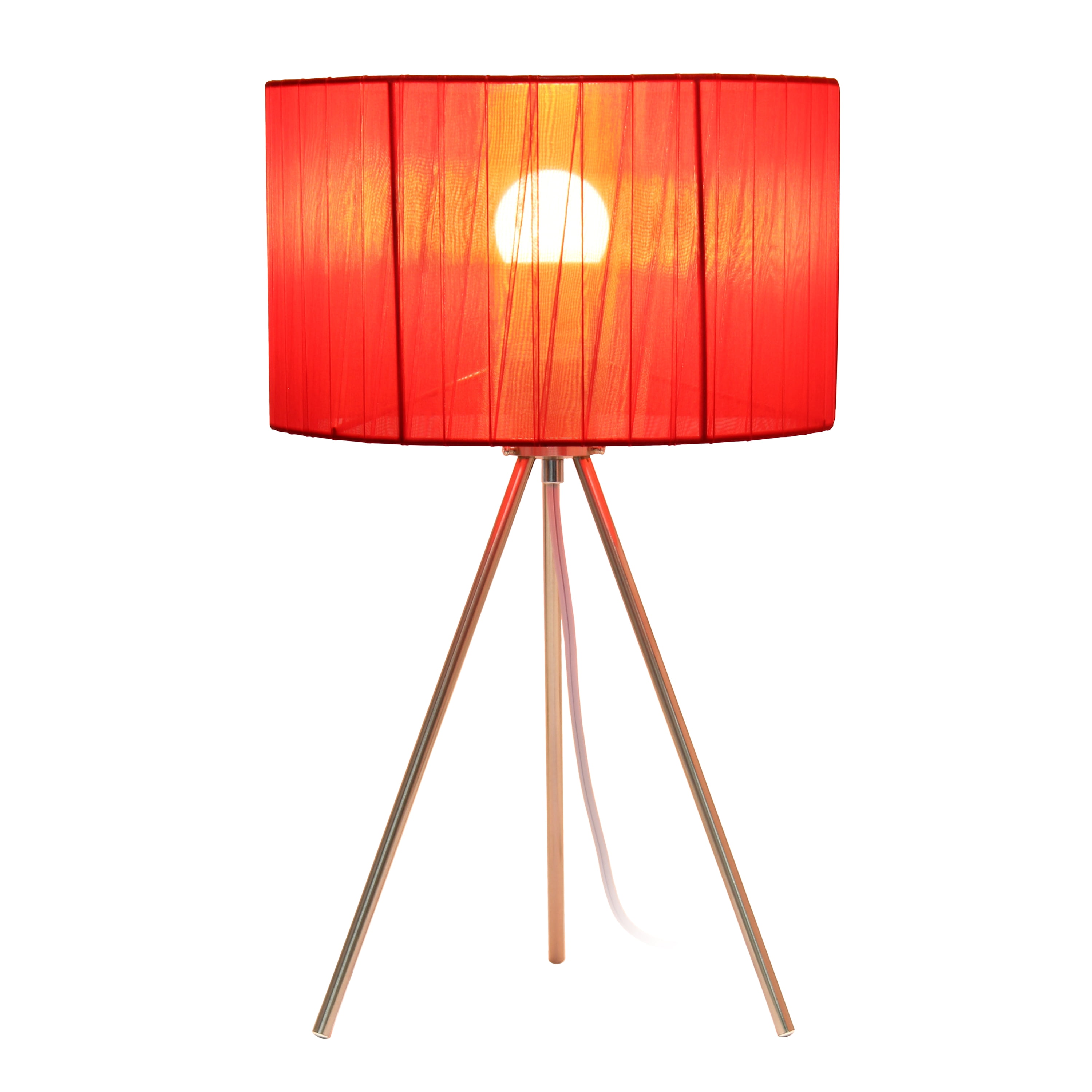 Simple Designs 19.69" Brushed Nickel Tripod Table Lamp and Pleated Silk Sheer Shade with LED Bulb, Red