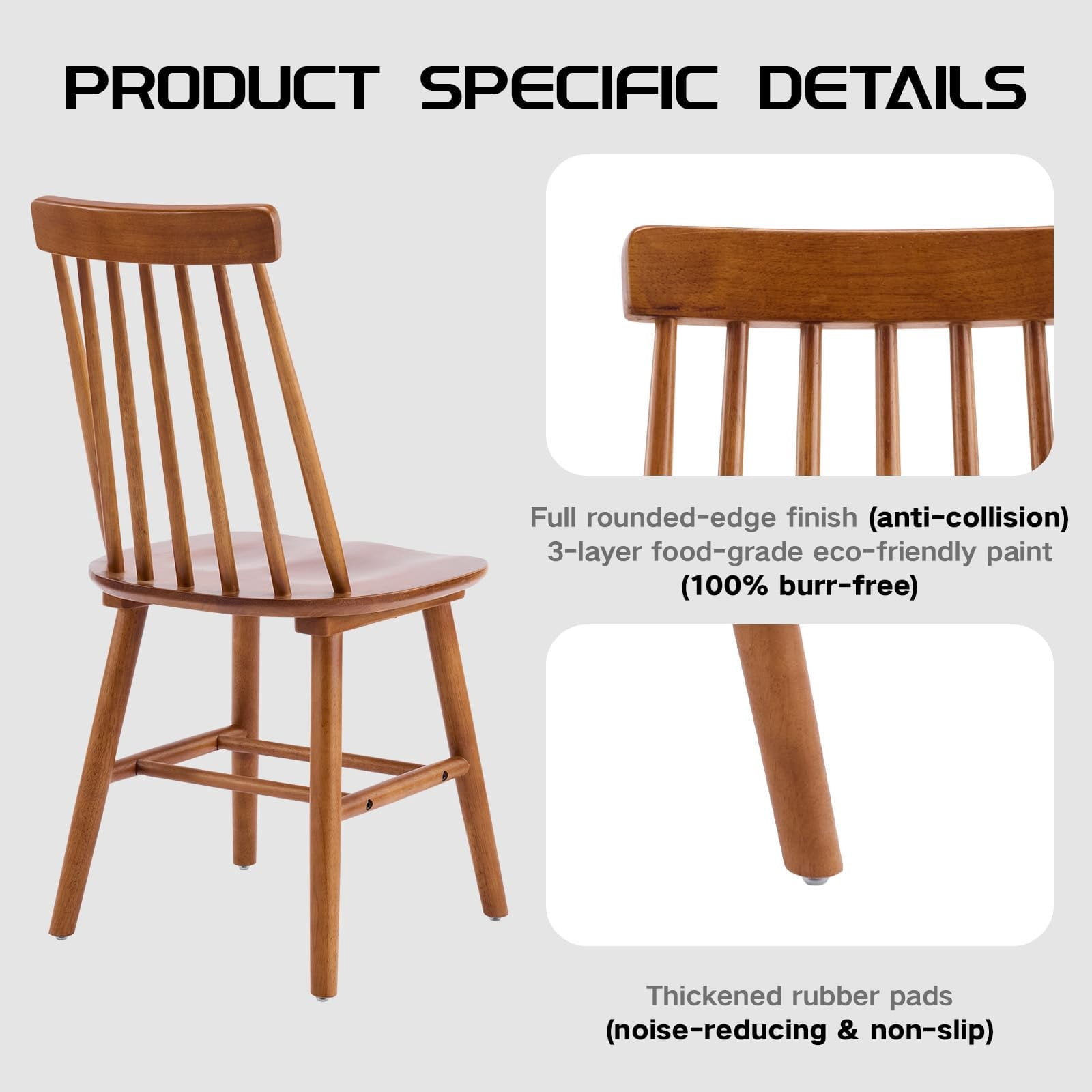 Walnut Farmhouse Dining Chairs Set of 4, Mid Century Modern Spindle Back Wooden Dining Room Chairs for Kitchen & Living Room