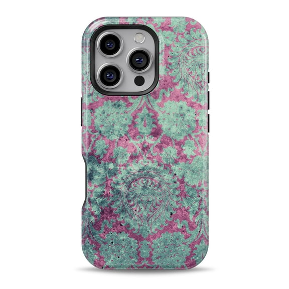 DesignSkinz Scratch-Resistant Hard Slim Case Compatible with iPhone 16 (Compatible with MagSafe) - Grungy Teal and Pink Damask Pattern