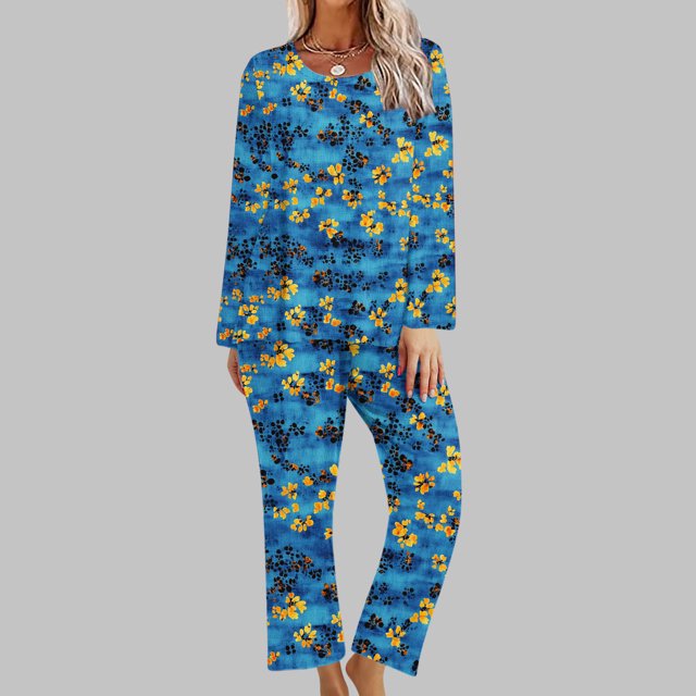 Puntoco Conjunto de pijama cómodo para mujer, conjunto de pijama con top y pantalones de manga larga con cuello redondo y estampado informal a la moda para mujer