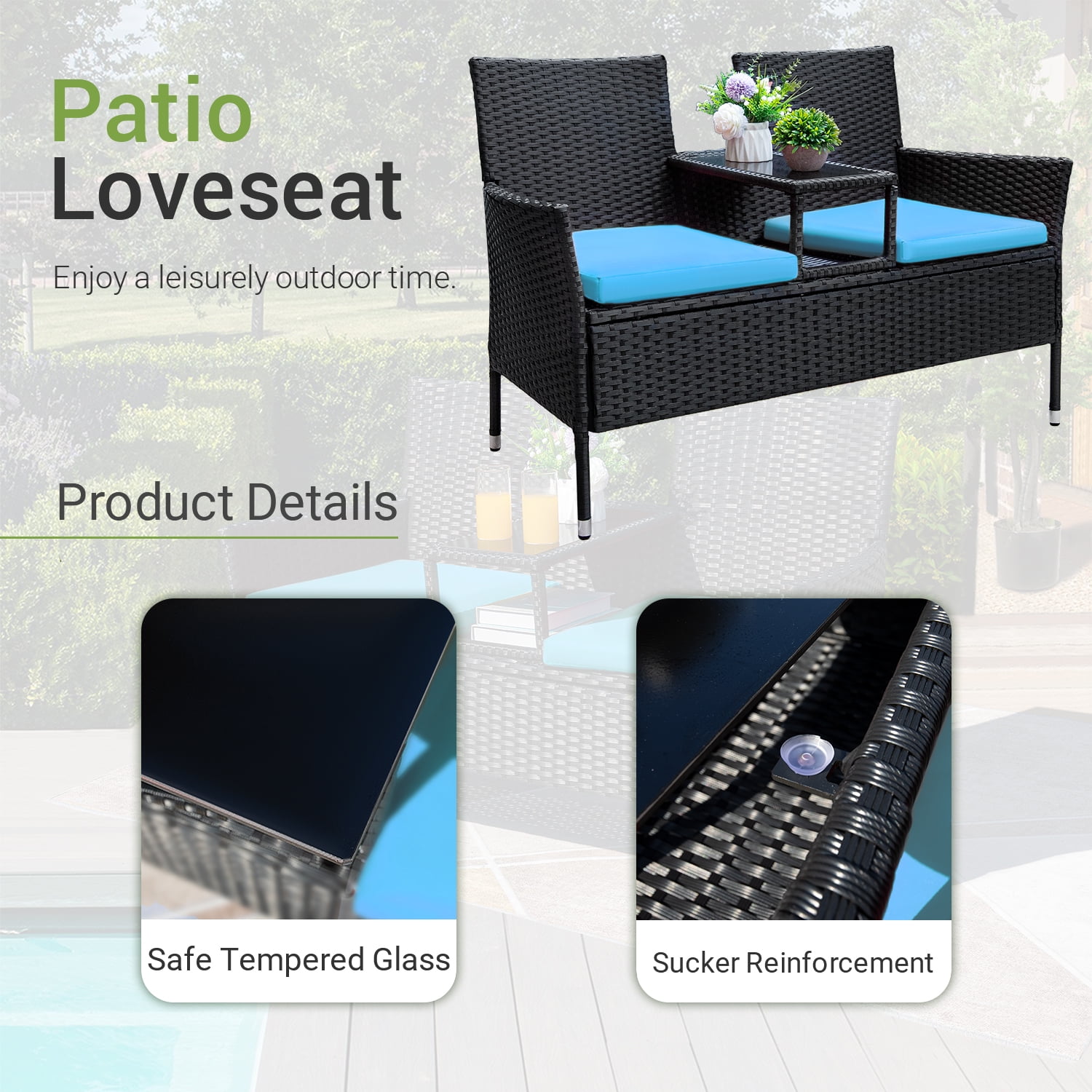 Devoko Outdoor Patio Loveseat Rattan Patio Conversation Furniture Set with Coffee Table, Blue