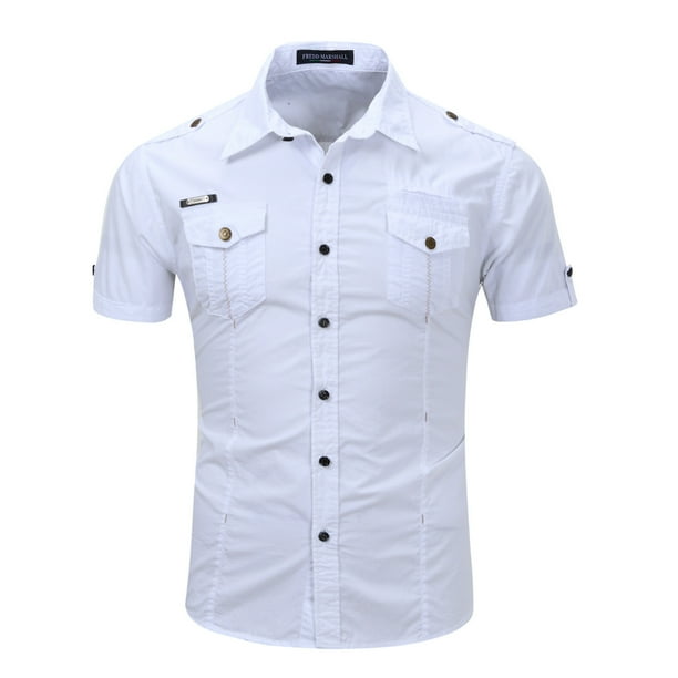 Blusa y camisa de manga corta con cuello vuelto para hombre, camisa vaquera de manga corta con solapa de color liso, blusa militar para hombre