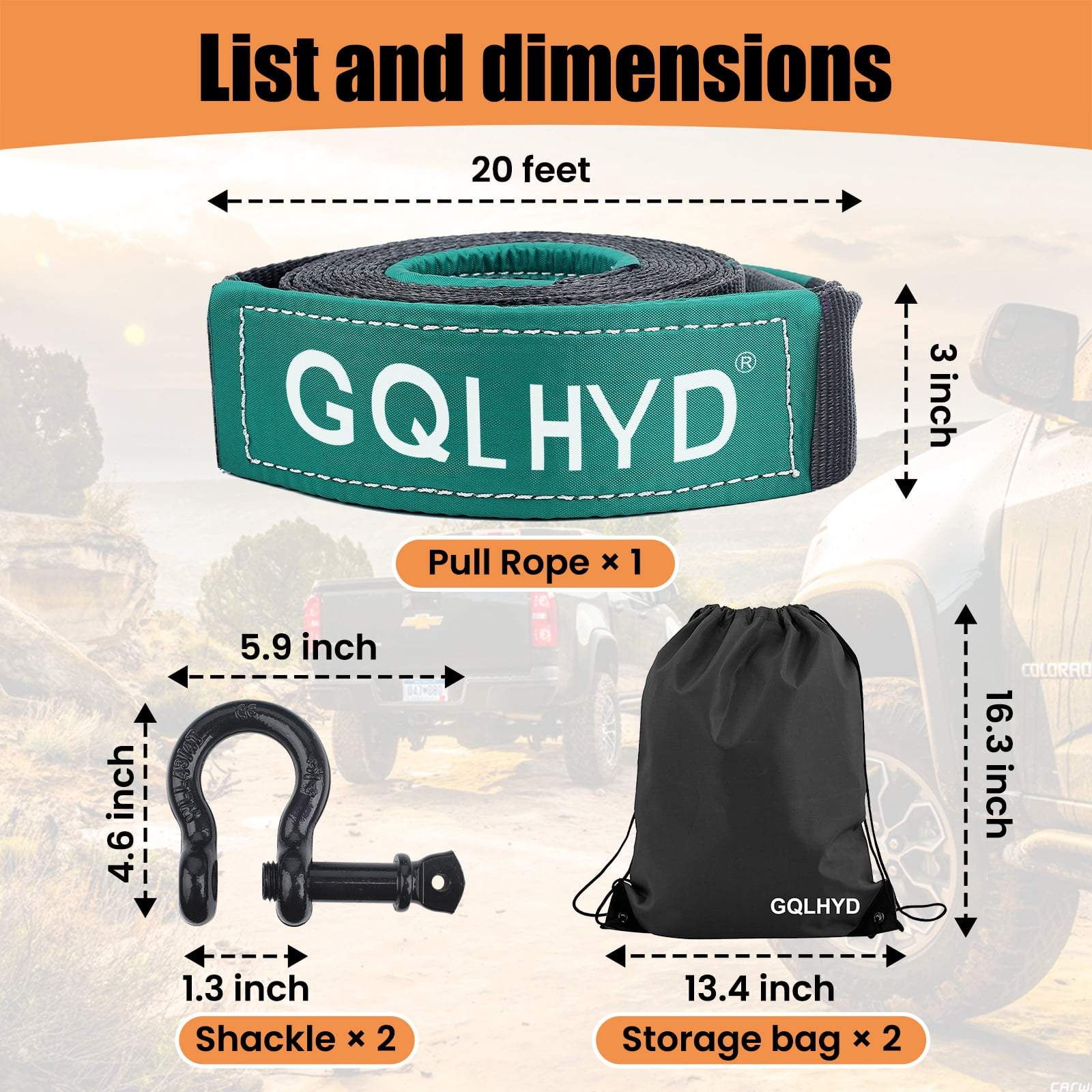 Tow Strap, 3.15 in. x 22 ft. long, Heavy Duty Trailer Strap with Hook D Ring (2 pack), Breaking Strength 35,944 lbs. for Automotive Logging/Truck/Boat/Motorcycle Towing (Orange/06)）
