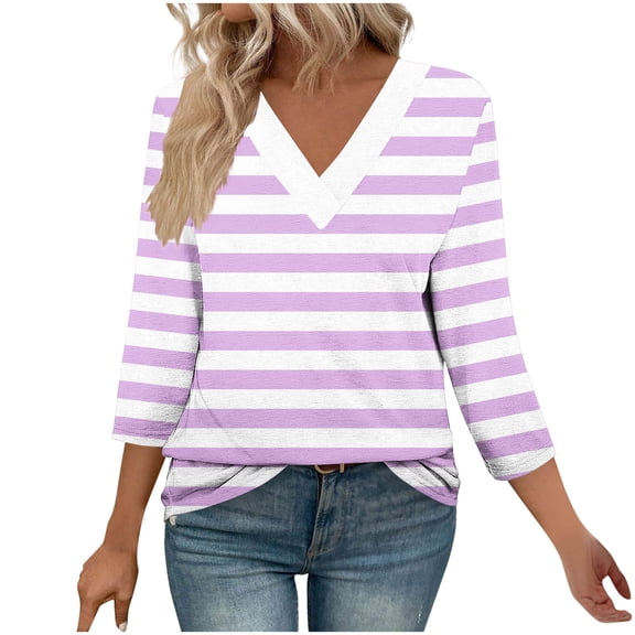 successthop Womens Oversized Shirts 3/4 Sleeve Tee Baggy V Neck Pullover Tops Loose Stripe Trendy Vacation Clothes S